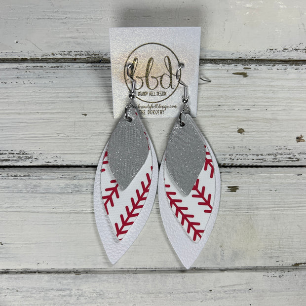 DOROTHY -  Leather Earrings  ||   , <BR> SHIMMER SILVER, <BR> BASEBALL THREADS (FAUX LEATHER), <BR> MATTE WHITE (CUSTOM COLORS AVAILABLE!)