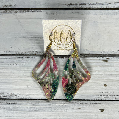 BUTTERFLY WINGS -  Earrings  ||   <BR> THICK CORK ON LEATHER <BR> PINK/GREEN/GOLD BALLOONS GLITTER