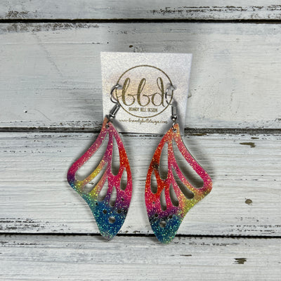 BUTTERFLY WINGS -  Earrings  ||   <BR> THICK CORK ON LEATHER <BR> BRIGHT TIE-DYE GLITTER