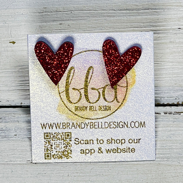 GLITTER HEART STUD - Leather Stud Earrings   ||  RED GLITTER
