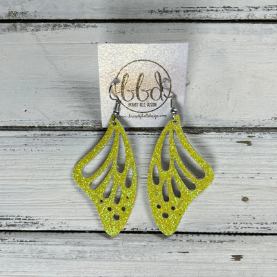 BUTTERFLY WINGS -  Earrings  ||   <BR> THICK CORK ON LEATHER <BR> BRIGHT YELLOW GLITTER (FINE)