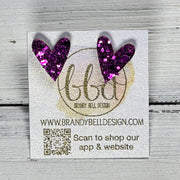 GLITTER HEART STUD - Leather Stud Earrings   ||  FUCHSIA GLITTER