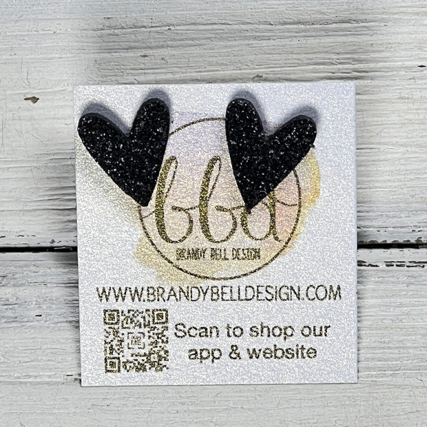 GLITTER HEART STUD - Leather Stud Earrings   ||  BLACK GLITTER