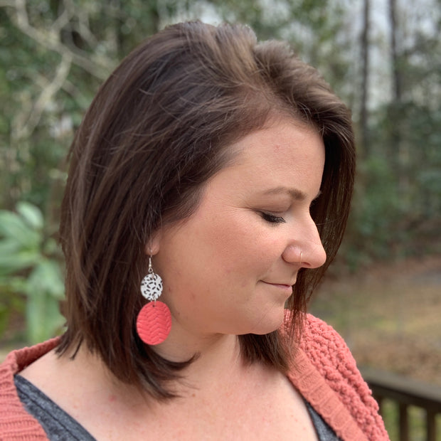 CALLIE -  Leather Earrings  ||  <BR> METALLIC NEON PINK PEBBLED, <BR> WHITE & GRAY CHEETAH