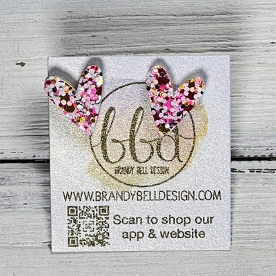 GLITTER HEART STUD - Leather Stud Earrings   ||  TAFFY PINK GLITTER