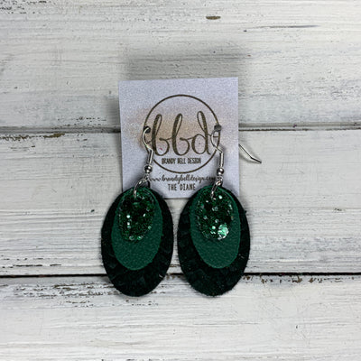 DIANE - Leather Earrings  ||    <BR> JADE GLITTER (FAUX LEATHER), <BR> MATTE EMERALD GREEN, <BR> HUNTER GREEN BRAID