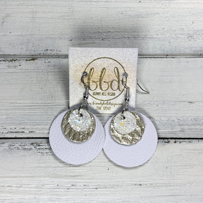 GRAY - Leather Earrings  ||    <BR> IRIDESCENT WHITE GLITTER (FAUX LEATHER), <BR> METALLIC CHAMPAGNE COBRA, <BR> MATTE WHITE