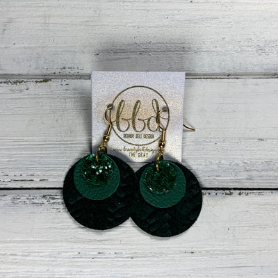 GRAY - Leather Earrings  ||    <BR> JADE GLITTER (FAUX LEATHER), <BR> MATTE EMERALD GREEN, <BR> HUNTER GREEN BRAID