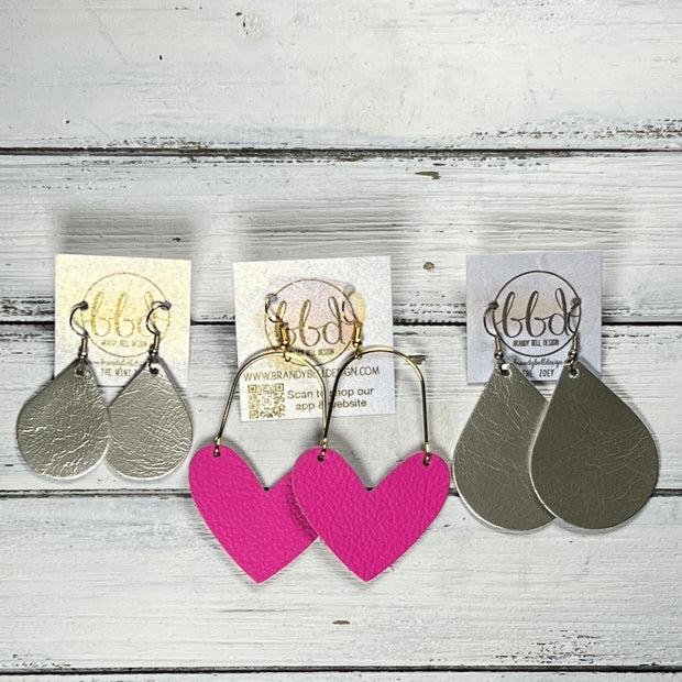 ARCHED HEARTS -  Leather Earrings  ||   <BR> METALLIC LIGHT PINK PEBBLED