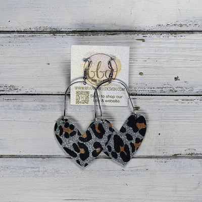 ARCHED HEARTS -  Leather Earrings  ||   <BR>SILVER LEOPARD GLITTER