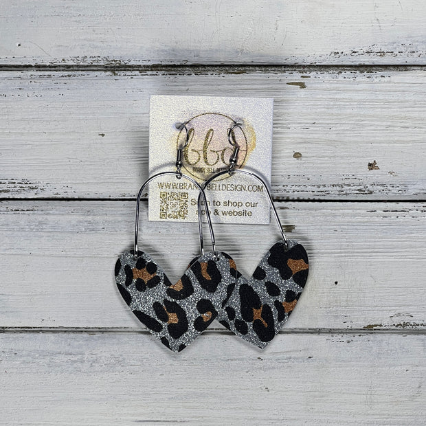 ARCHED HEARTS -  Leather Earrings  ||   <BR>SILVER LEOPARD GLITTER