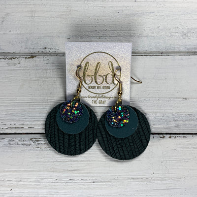 GRAY - Leather Earrings  ||    <BR> FORREST GLITTER (FAUX LEATHER), <BR> MATTE SPRUCE GREEN, <BR> HUNTER GREEN PALMS