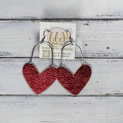 ARCHED HEARTS -  Leather Earrings  ||   <BR> METALLIC RED PEBBLED