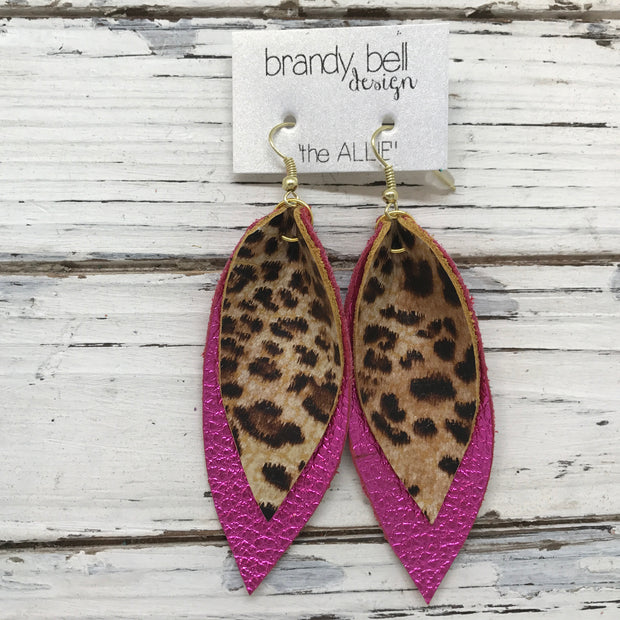 ALLIE -  Leather Earrings  || LEOPARD/CHEETAH PRINT, METALLIC NEON PINK