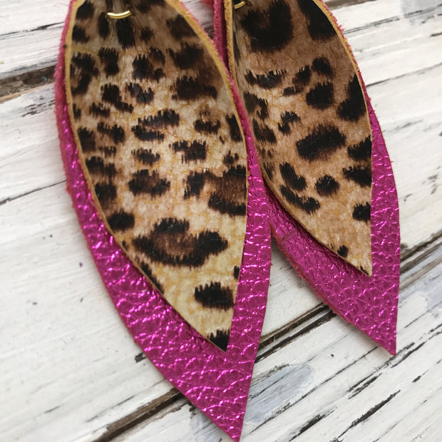 ALLIE -  Leather Earrings  || LEOPARD/CHEETAH PRINT, METALLIC NEON PINK
