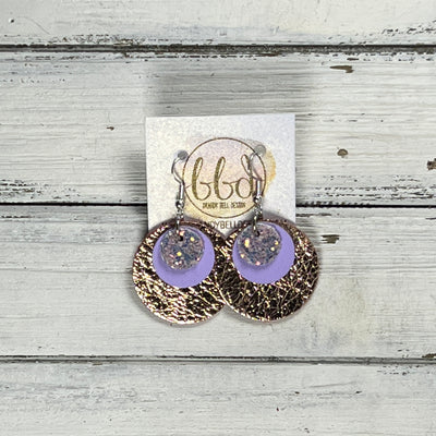GRAY -  Leather Earrings  ||   <BR> WILLOW GLITTER (FAUX LEATHER), <BR> MATTE LILAC SMOOTH, <BR> METALLIC ROSE GOLD PEBBLED