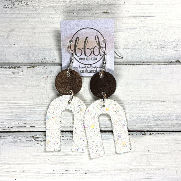 HOPE - Leather Earrings  ||  METALLIC ROSE GOLD SMOOTH, <BR> IRIDESCENT WHITE GLITTER (FAUX LEATHER)