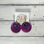 GRAY -  Leather Earrings  ||   <BR> IRIDESCENT PURPLE GLITTER (FAUX LEATHER), <BR>MATTE PURPLE, <BR> METALLIC NEON PINK PEBBLED