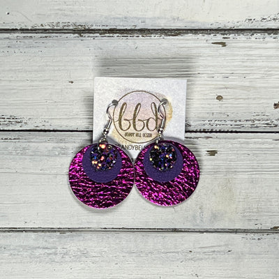 GRAY -  Leather Earrings  ||   <BR> IRIDESCENT PURPLE GLITTER (FAUX LEATHER), <BR>MATTE PURPLE, <BR> METALLIC NEON PINK PEBBLED