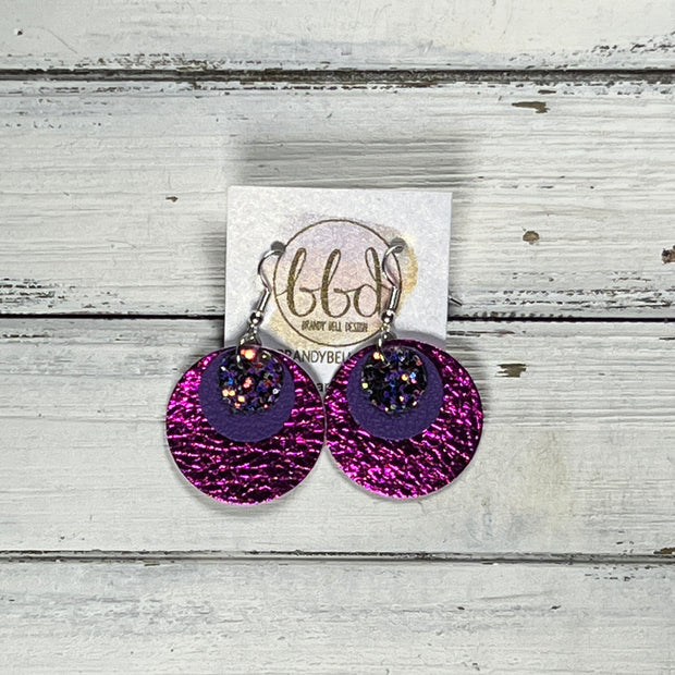GRAY -  Leather Earrings  ||   <BR> IRIDESCENT PURPLE GLITTER (FAUX LEATHER), <BR>MATTE PURPLE, <BR> METALLIC NEON PINK PEBBLED