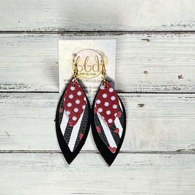 DOROTHY -  Leather Earrings  ||   <BR> RED & WHITE POLKADOTS, <BR>BLACK & WHITE STRIPES WITH HEARTS, <BR> METALLIC BLACK SMOOTH