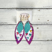 DOROTHY -  Leather Earrings  ||   <BR> AQUA PALMS, <BR>MULTICOLOR HEARTS ON WHITE (FAUX LEATHER), <BR> METALLIC PINK LEOPARD