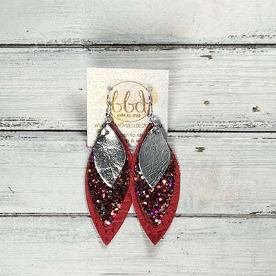 DOROTHY -  Leather Earrings  ||   <BR>METALLIC SILVER SMOOTH, <BR>RASPBERRY & RED GLITTER (FAUX LEATHER), <BR> RED PANAMA WEAVE
