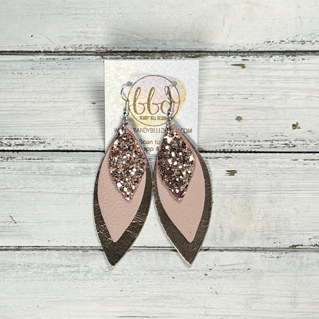 DOROTHY -  Leather Earrings  ||   <BR> ROSE GOLD GLITTER (FAUX LEATHER), <BR> MATTE BLUSH PINK, <BR> METALLIC ROSE GOLD SMOOTH