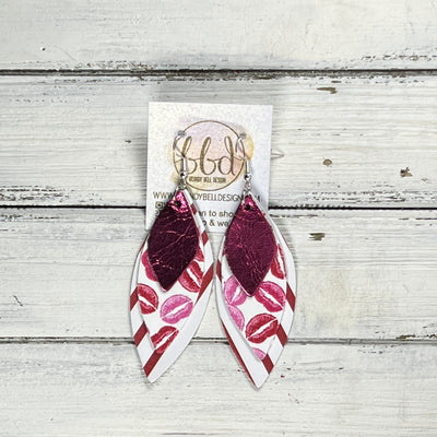 DOROTHY -  Leather Earrings  ||   <BR> METALLIC PINK SMOOTH, <BR> PINK & RED LIPS (FAUX LEATHER), <BR> RED & WHITE STRIPE