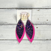 DOROTHY -  Leather Earrings  ||   <BR> IRIDESCENT PURPLE GLITTER (FAUX LEATHER), <BR>METALLIC PURPLE PEBBLED, <BR> MATTE NEON PINK