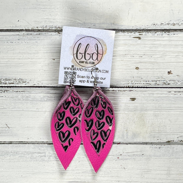 ALLIE -  Leather Earrings  ||   <BR> CLEAR WITH BLACK HEARTS (FAUX LEATHER), <BR> MATTE NEON PINK