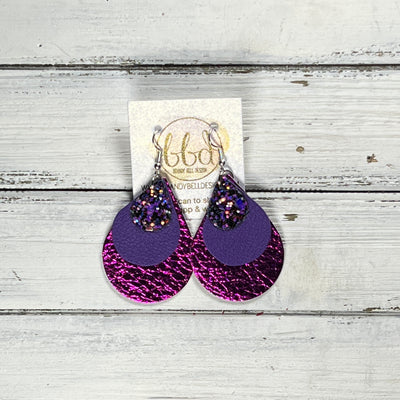 LINDSEY -  Leather Earrings  ||   <BR> IRIDESCENT PURPLE GLITTER (FAUX LEATHER), <BR>MATTE PURPLE, <BR> METALLIC NEON PINK PEBBLED