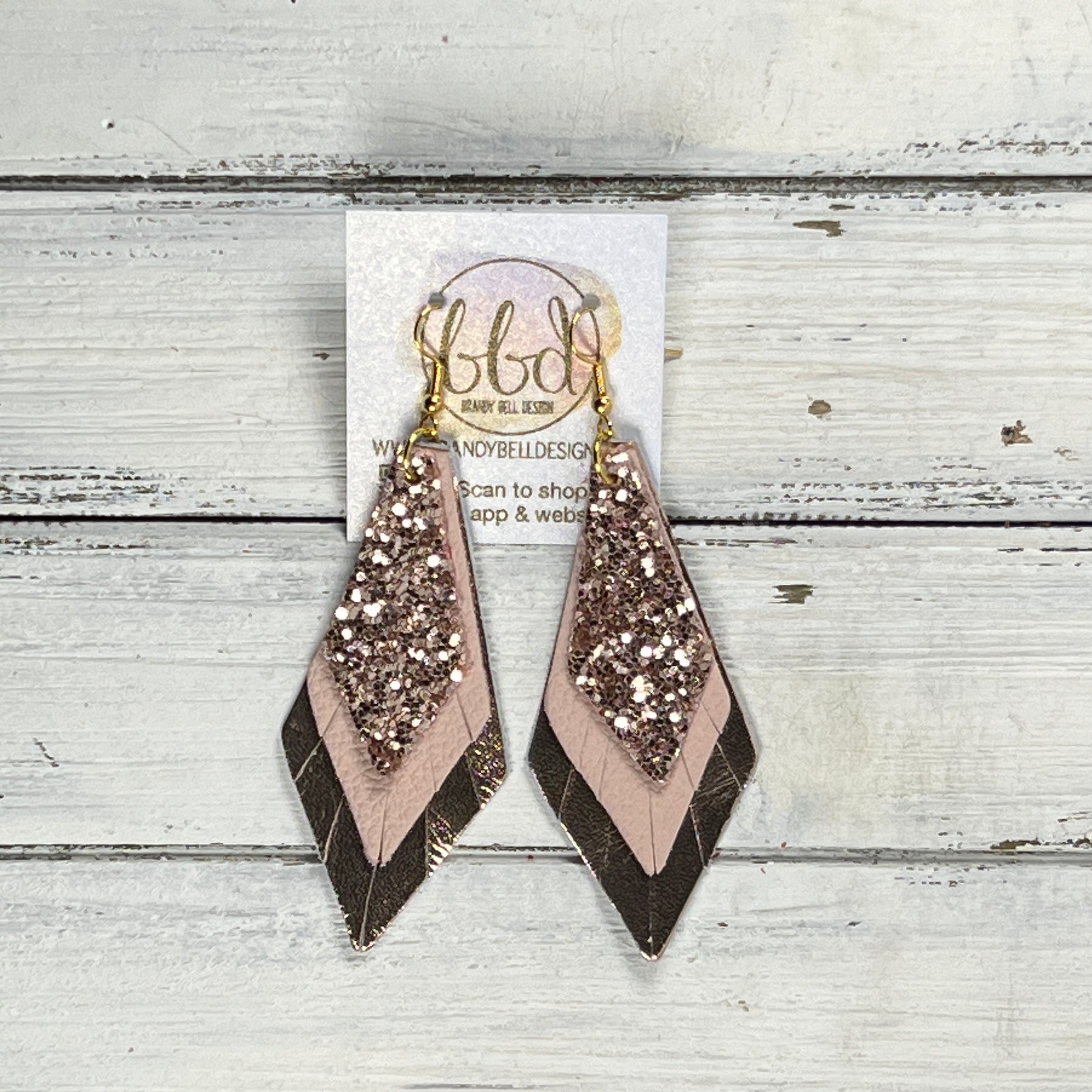 COLLEEN Leather Earrings ROSE GOLD GLITTER FAUX LEATHER MATTE Brandy Bell Design