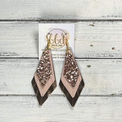 COLLEEN -  Leather Earrings  ||   <BR> ROSE GOLD GLITTER (FAUX LEATHER), <BR> MATTE BLUSH PINK, <BR> METALLIC ROSE GOLD SMOOTH