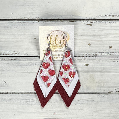 COLLEEN -  Leather Earrings  ||   <BR> RED HEARTS GLITTER (FAUX LEATHER), <BR> MATTE WHITE, , <BR> MATTE RED
