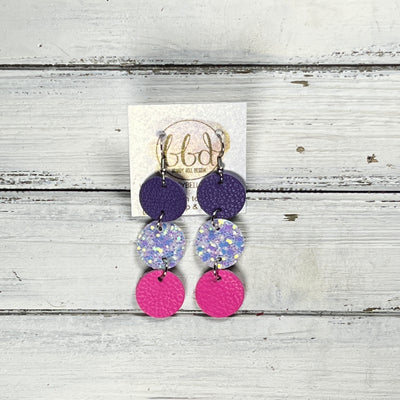 DAISY -  Leather Earrings  ||   <BR> MATTE PURPLE, <BR> IRIDESCENT WHITE GLITTER, <BR> MATTE NEON PINK