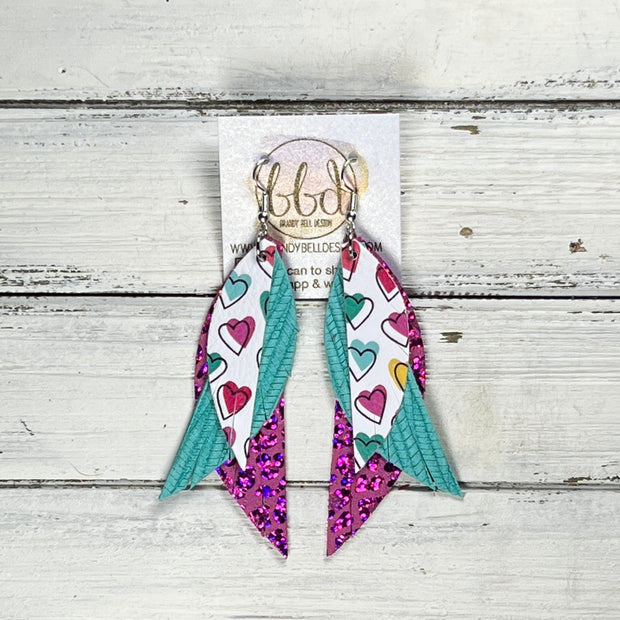 ANDY -  Leather Earrings  ||   <BR>MULTICOLOR HEARTS ON WHITE (FAUX LEATHER), <BR> AQUA PALMS, <BR> METALLIC PINK LEOPARD