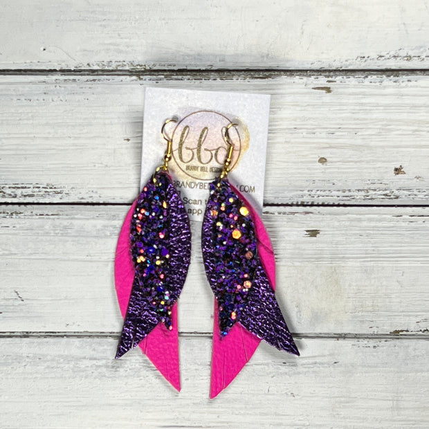 ANDY -  Leather Earrings  ||   <BR> IRIDESCENT PURPLE GLITTER (FAUX LEATHER), <BR>METALLIC PURPLE PEBBLED, <BR> MATTE NEON PINK