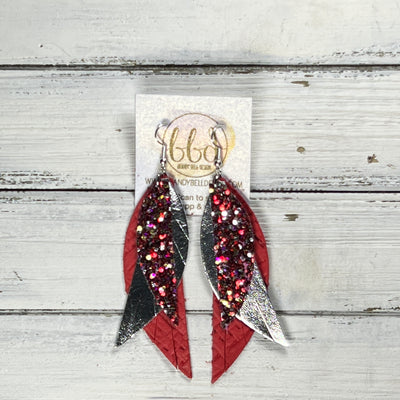 ANDY -  Leather Earrings  ||  <BR>RASPBERRY & RED GLITTER (FAUX LEATHER), <BR>METALLIC SILVER SMOOTH, <BR> RED PANAMA WEAVE