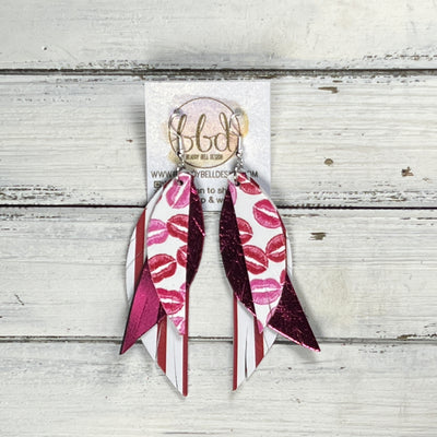ANDY -  Leather Earrings  ||  <BR> PINK & RED LIPS (FAUX LEATHER), <BR> METALLIC PINK SMOOTH, <BR> RED & WHITE STRIPE
