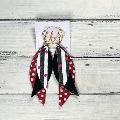 ANDY -  Leather Earrings  ||   <BR>BLACK & WHITE STRIPES WITH HEARTS, <BR> METALLIC BLACK SMOOTH, <BR> RED & WHITE POLKADOTS