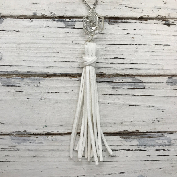 TASSEL NECKLACE - TIFFANIE    ||  WHITE WITH SILVER CAGE BEAD WITH CLEAR GEM