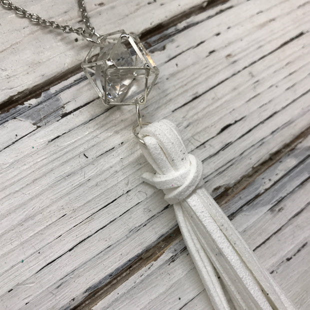 TASSEL NECKLACE - TIFFANIE    ||  WHITE WITH SILVER CAGE BEAD WITH CLEAR GEM