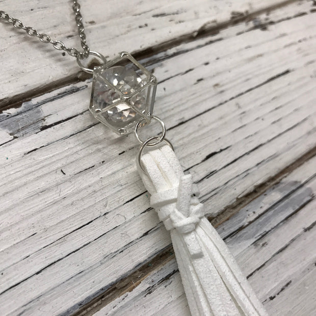 TASSEL NECKLACE - TIFFANIE    ||  WHITE WITH SILVER CAGE BEAD WITH CLEAR GEM