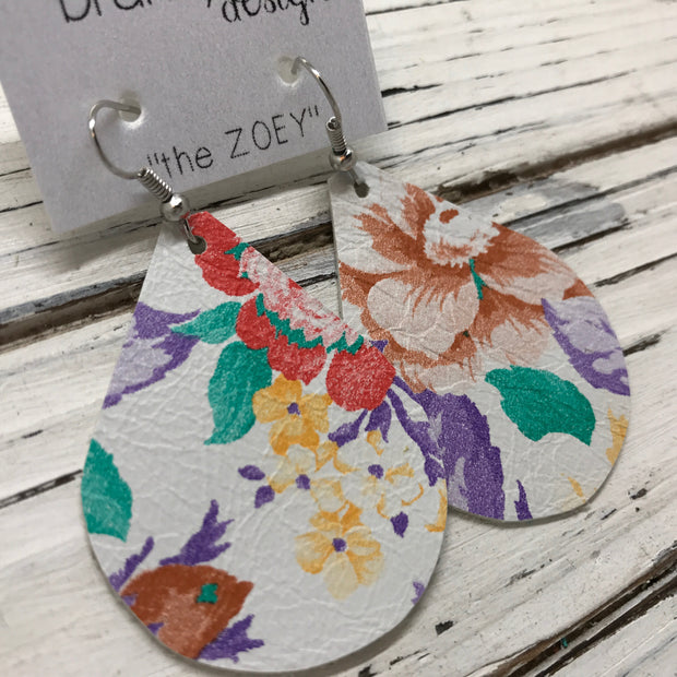 ZOEY (3 sizes available!) - Leather Earrings  ||  FLORAL ON WHITE BACKGROUND