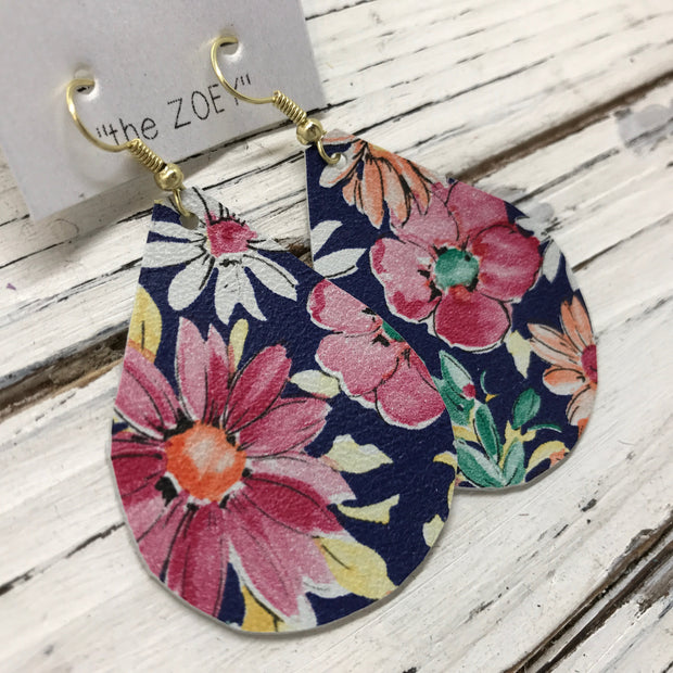 ZOEY (3 sizes available!) - Leather Earrings  ||  FLORAL ON NAVY BACKGROUND