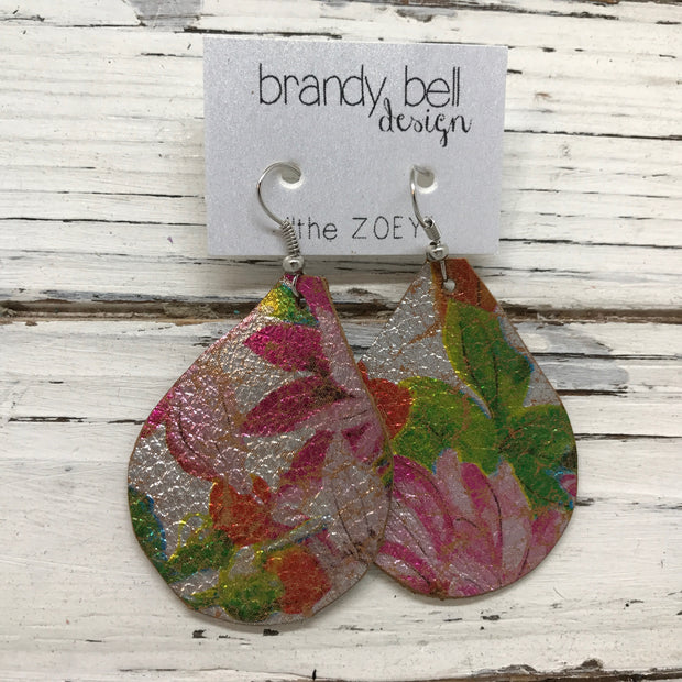 ZOEY (3 sizes available!) - Leather Earrings  ||   METALLIC TROPICAL FLORAL