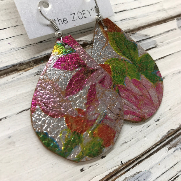 ZOEY (3 sizes available!) - Leather Earrings  ||   METALLIC TROPICAL FLORAL