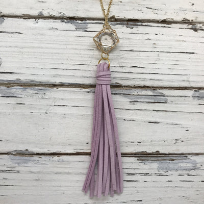 TASSEL NECKLACE - TIFFANIE    ||  LILAC TASSEL WITH GOLD CAGE BEAD WITH CLEAR GEM