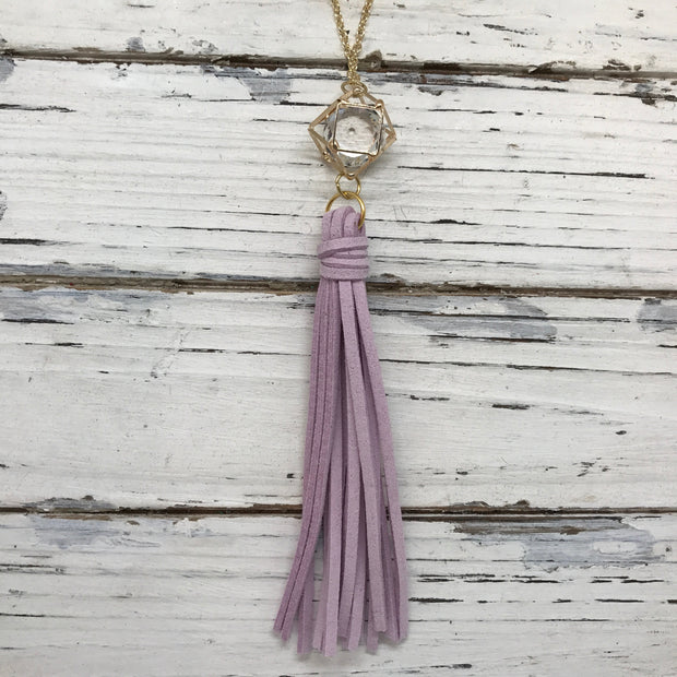TASSEL NECKLACE - TIFFANIE    ||  LILAC TASSEL WITH GOLD CAGE BEAD WITH CLEAR GEM